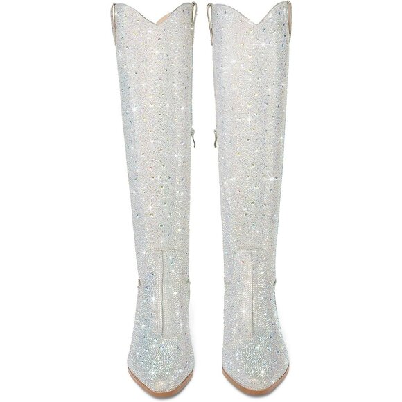 Women Multicolor Faux Leather Sparkly Bling Rhinestone Over the Knee Cowboy Boot - Picture 8 of 9